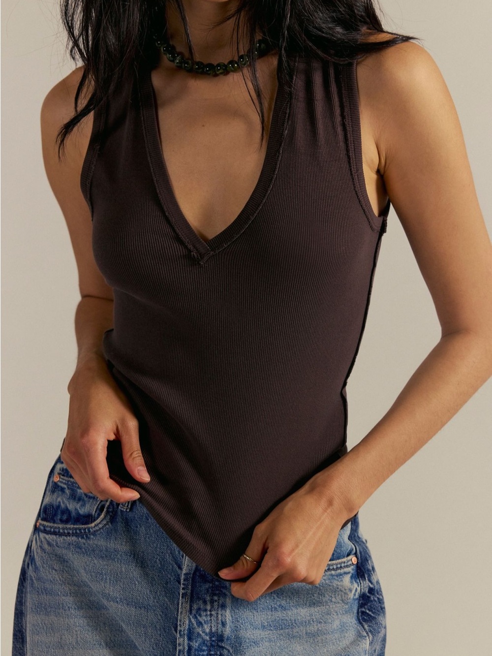 Free People Ribbed V-Neck Tank Top - Dark Brown
